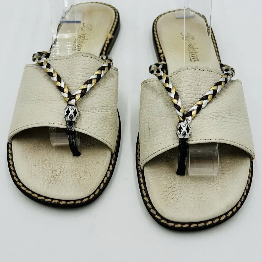 Brighton Ivory Leather Slides Sandals Metallic Braiding Sz 7.5 Flats Olive Beach